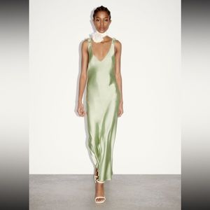 Green satin maxi / midi dress. Zara new with tags.
